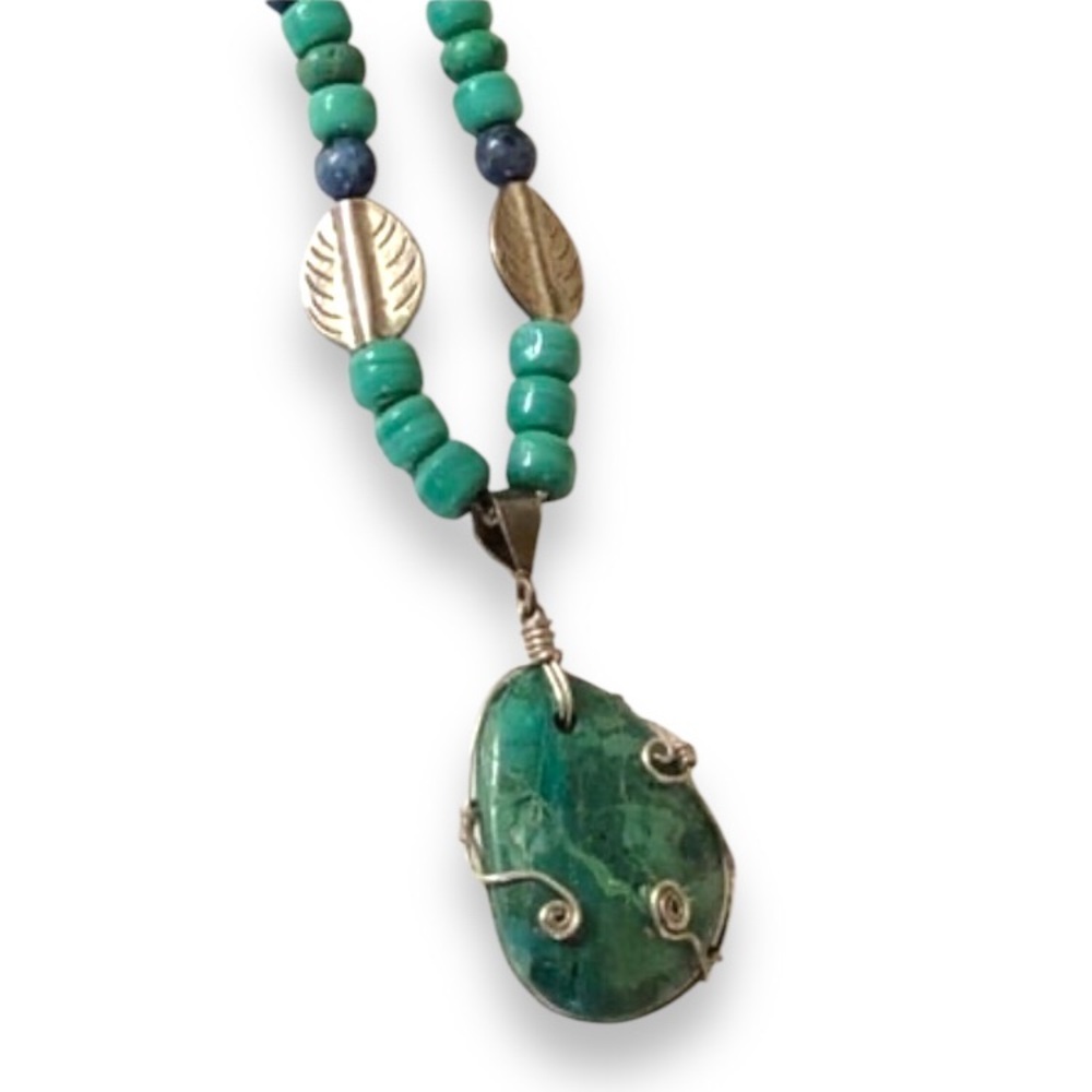 Vintage Chrysocolla or Malachite Beads Turquoise and Silver Pendant Necklace